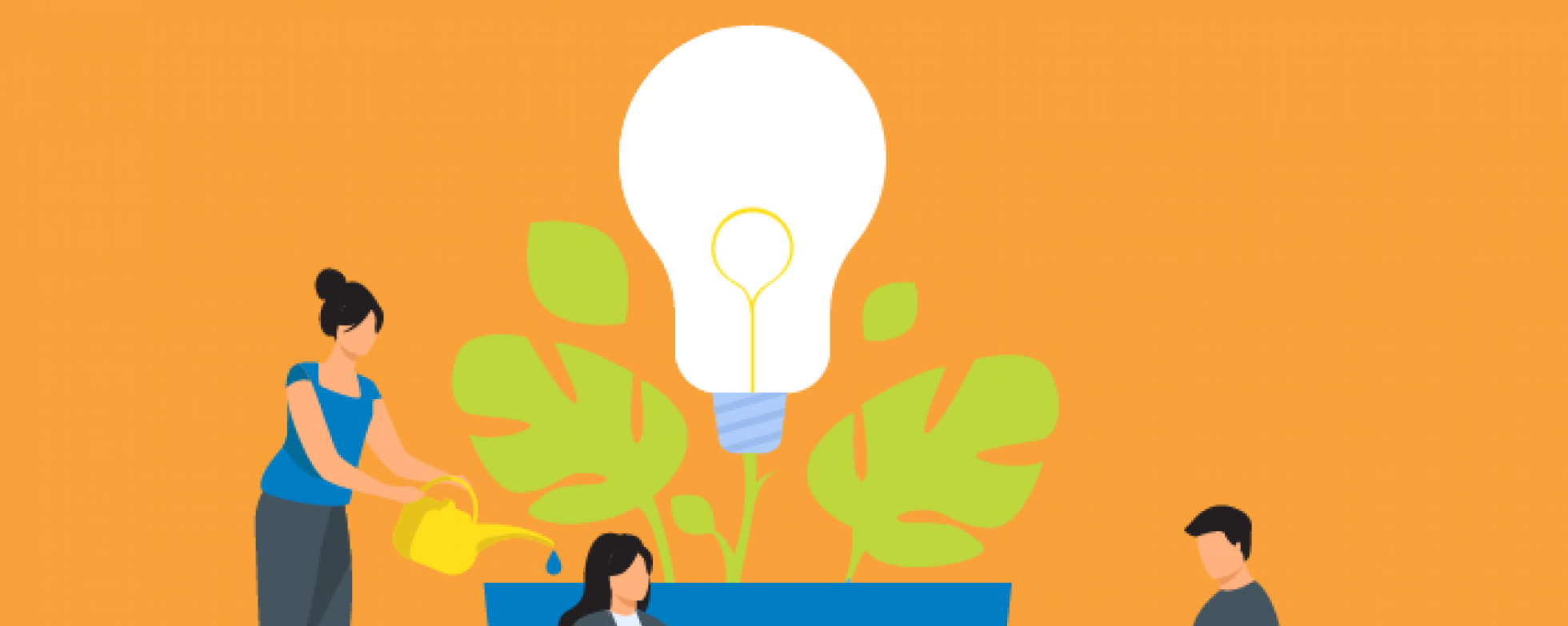 Ideas People growing a lightbulb idea in a planter